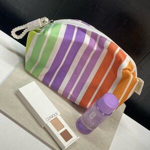 Clinique Vibrant Striped Cosmetic Bag with eyeshadow & makeup remover